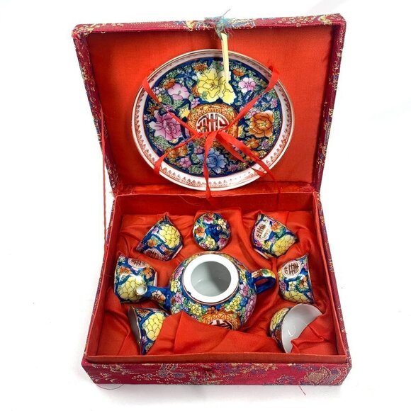 Vintage Miniature Floral Tea Set For 6 Silk Presentation Box Red/Blue Porcelain - Picture 1 of 12